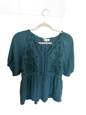 True Craft Teal Embroidered Peasant Top